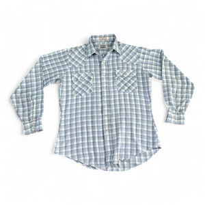 Vintage Levis Western Shirt Adult MEDIUM Blue Plaid Pearl Snap Workshirt 80s
